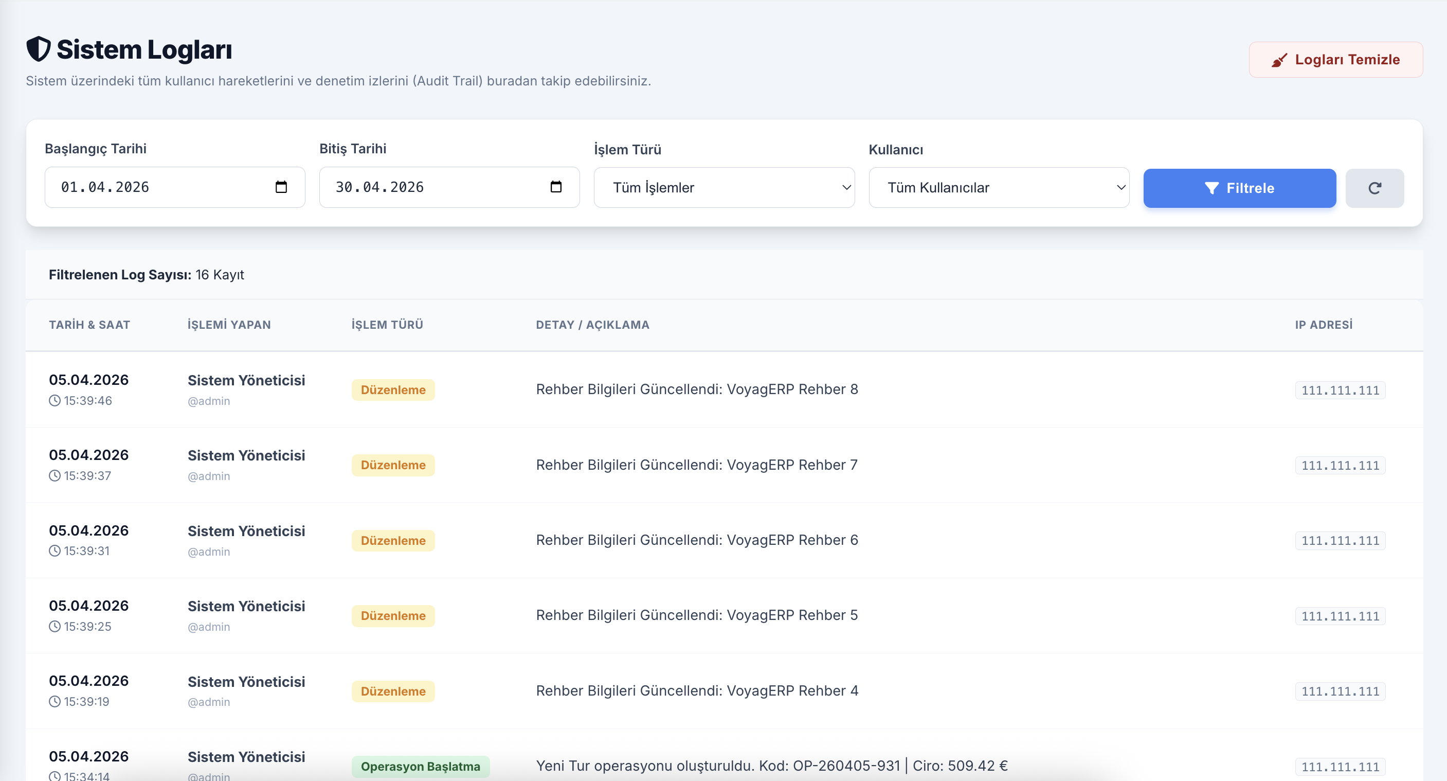 VoyagERP Güvenlik ve Sistem Logları