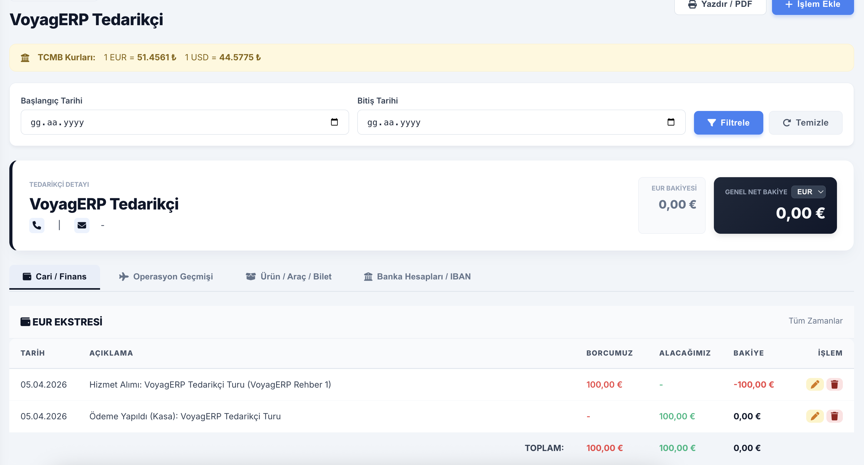 VoyagERP Tur Muhasebe Özeti