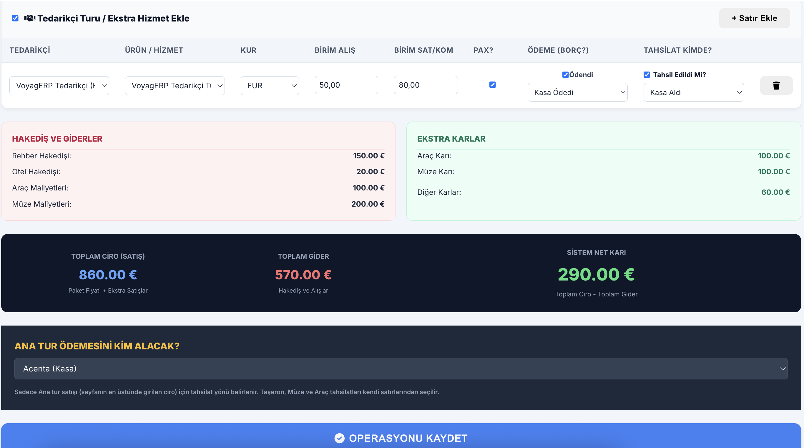 VoyagERP Tur Ekstra Hizmet Ekleme