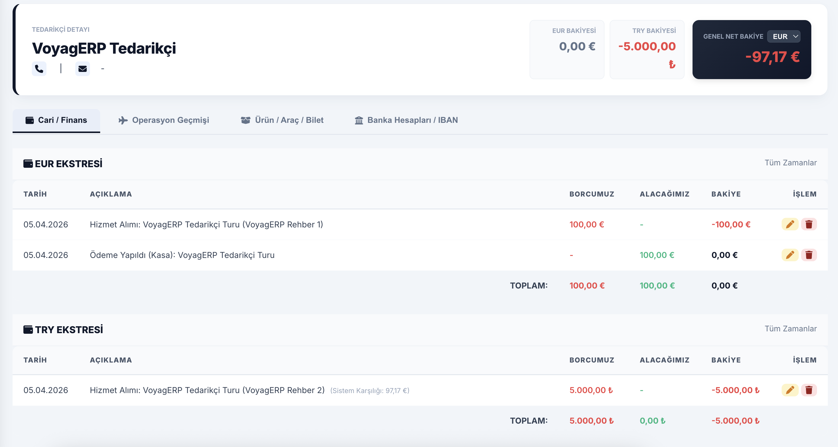 VoyagERP Finans ve Cari Ekstre Ekranı